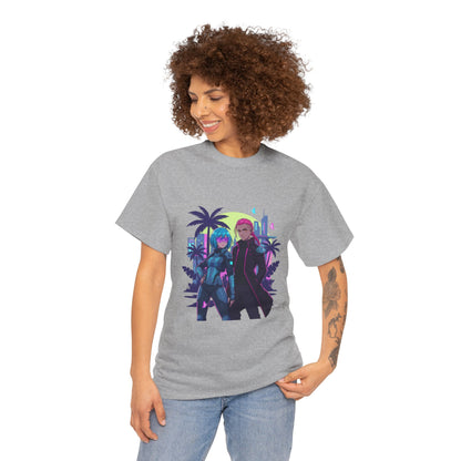 Cyberpunk Tropical Duo Tee — Neon Futuristic Beach Graphic T-Shirt
