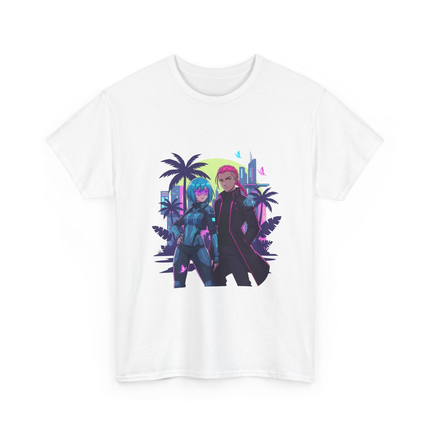 Cyberpunk Tropical Duo Tee — Neon Futuristic Beach Graphic T-Shirt