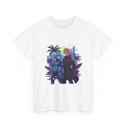 Cyberpunk Tropical Duo Tee — Neon Futuristic Beach Graphic T-Shirt