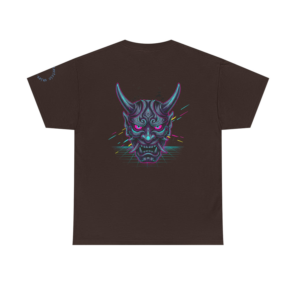 Oni Demon Graphic Tee — Neon Oni Mask Backprint with Subtle Front Text