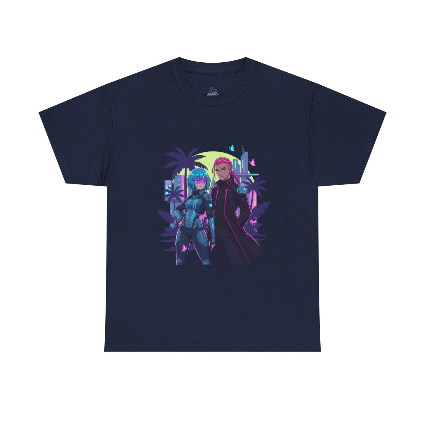 Cyberpunk Tropical Duo Tee — Neon Futuristic Beach Graphic T-Shirt