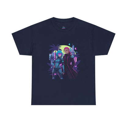 Cyberpunk Tropical Duo Tee — Neon Futuristic Beach Graphic T-Shirt