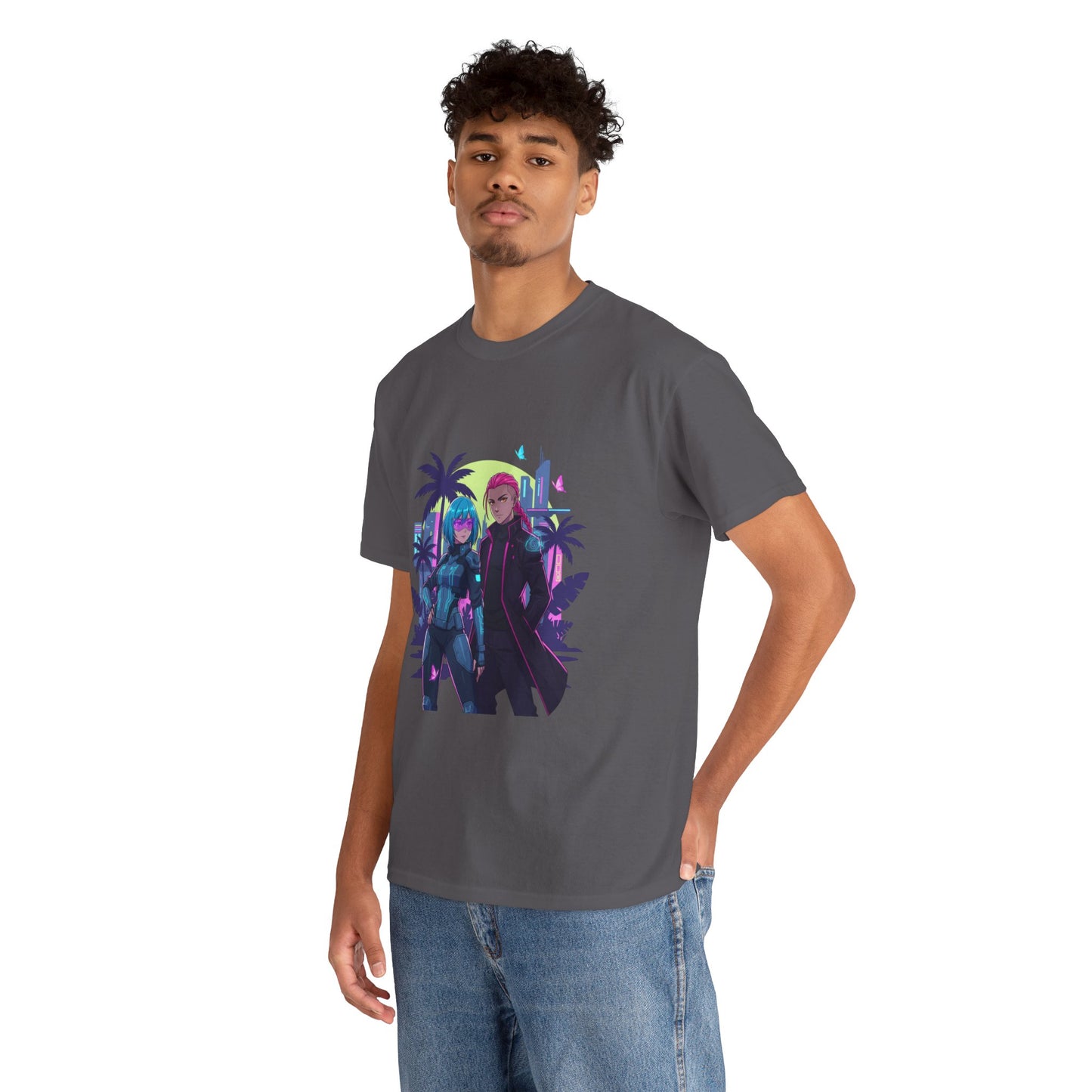 Cyberpunk Tropical Duo Tee — Neon Futuristic Beach Graphic T-Shirt