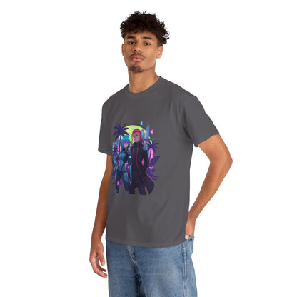 Cyberpunk Tropical Duo Tee — Neon Futuristic Beach Graphic T-Shirt