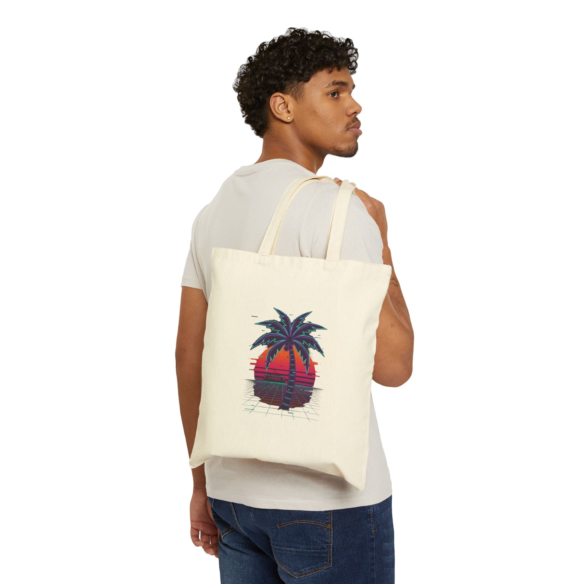 Tote Bag — Retro Neon Palm Sunset Canvas Tote ("neon tides. Electric skies.")