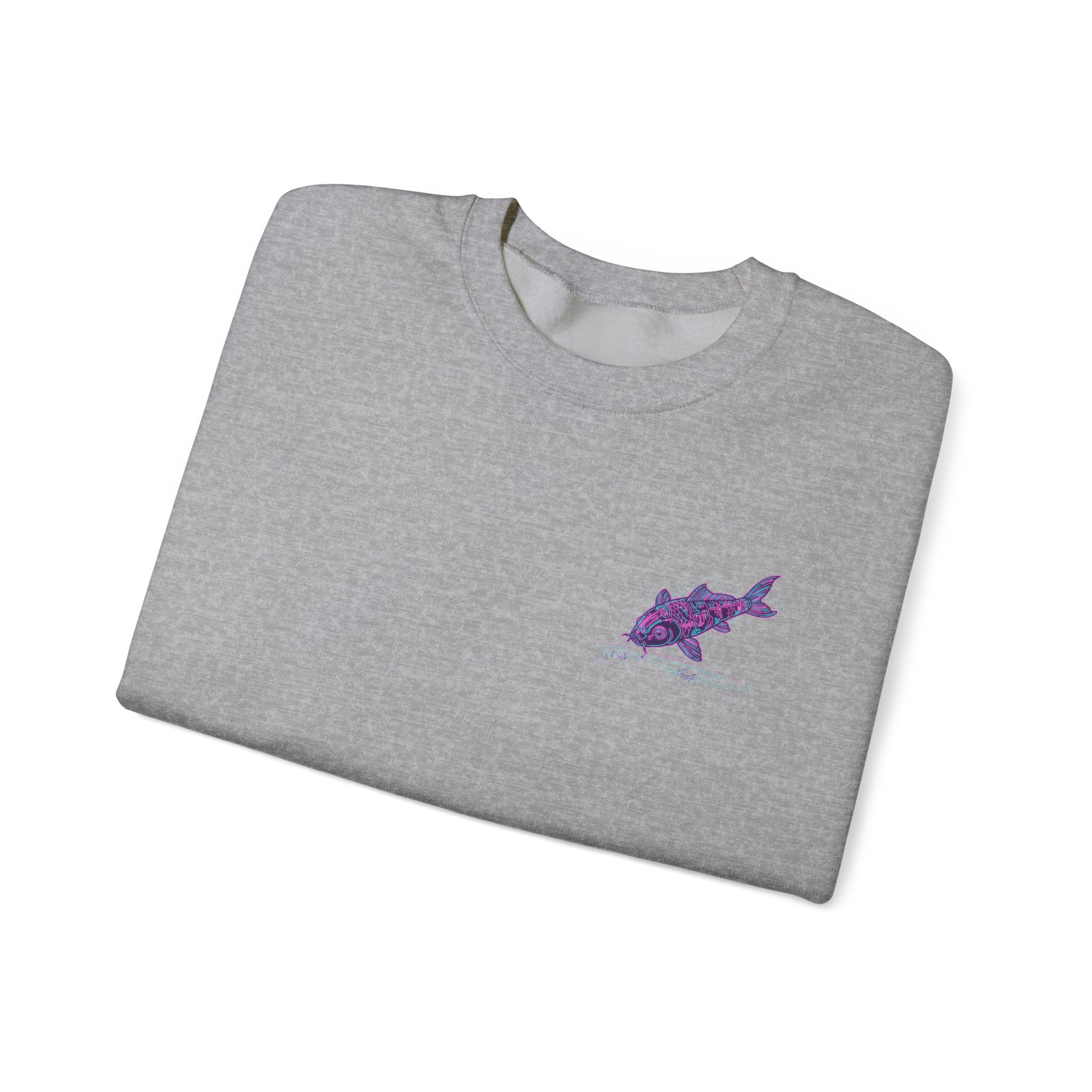 Crewneck Sweatshirt — Pastel Japanese Text Repeat & Purple Fish Graphic