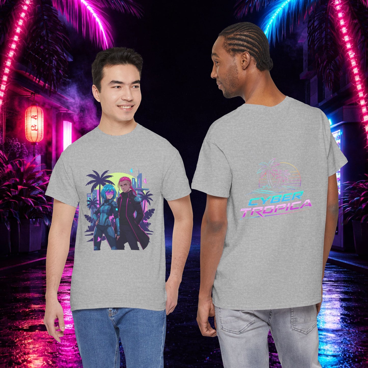 Cyberpunk Tropical Duo Tee — Neon Futuristic Beach Graphic T-Shirt