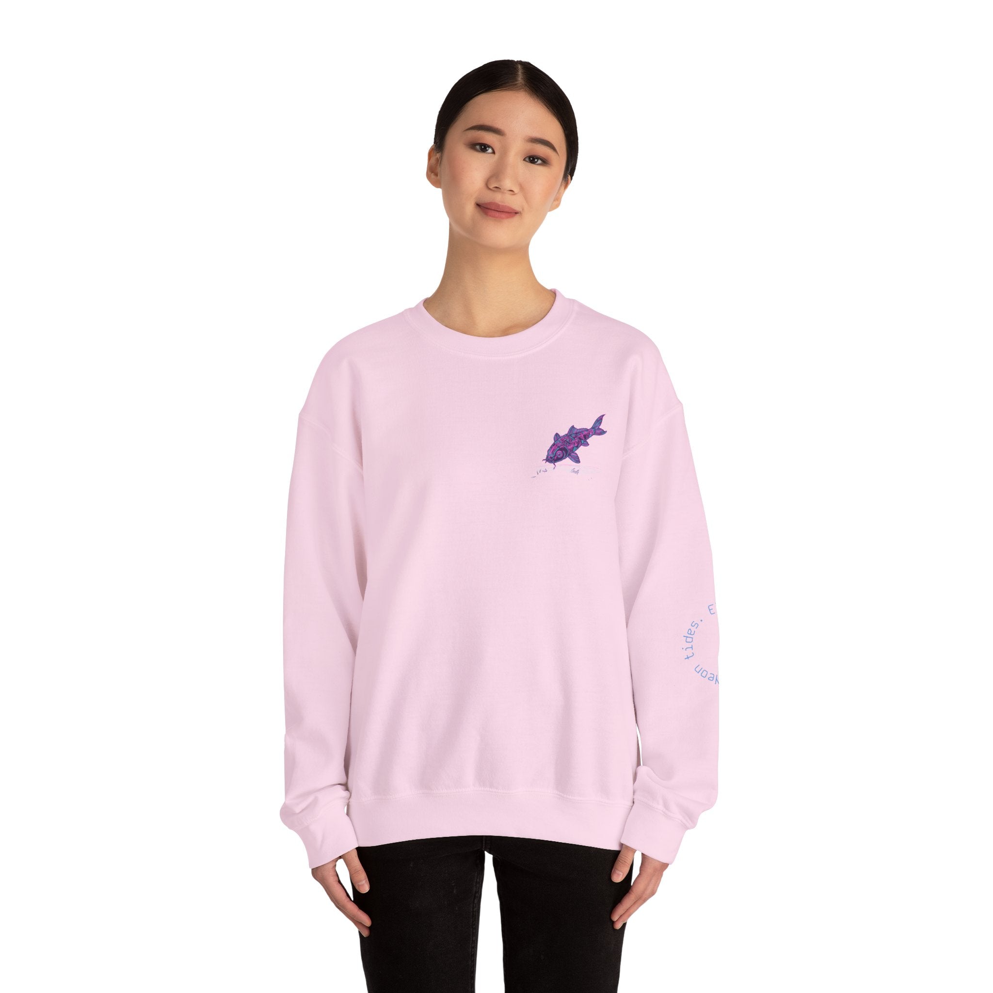 Crewneck Sweatshirt — Pastel Japanese Text Repeat & Purple Fish Graphic