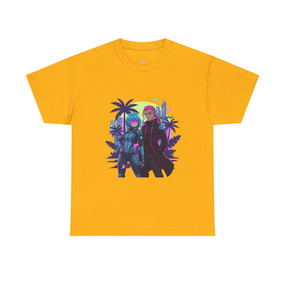 Cyberpunk Tropical Duo Tee — Neon Futuristic Beach Graphic T-Shirt