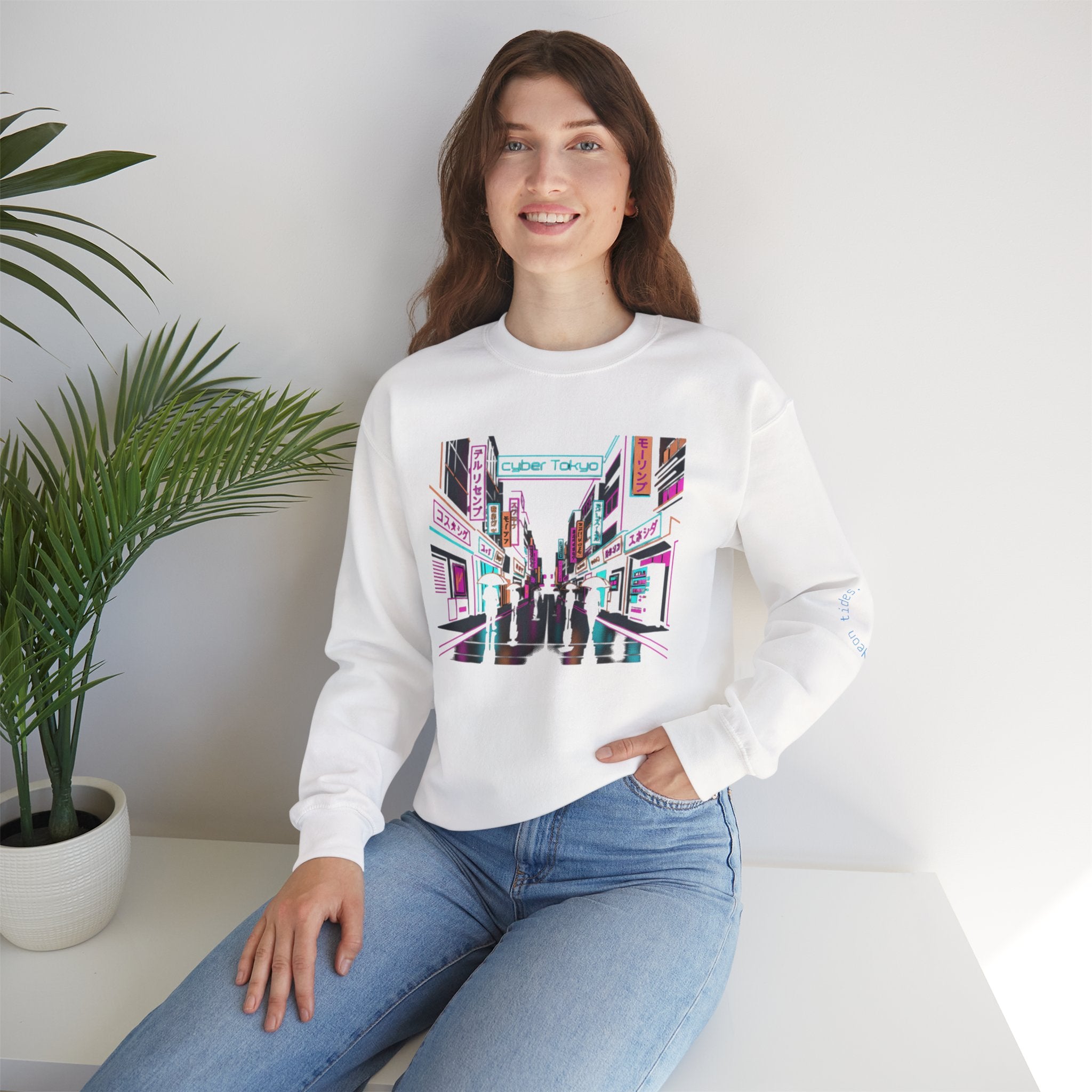 Retro Neon City Crewneck Sweatshirt — Vaporwave Street Scene Design