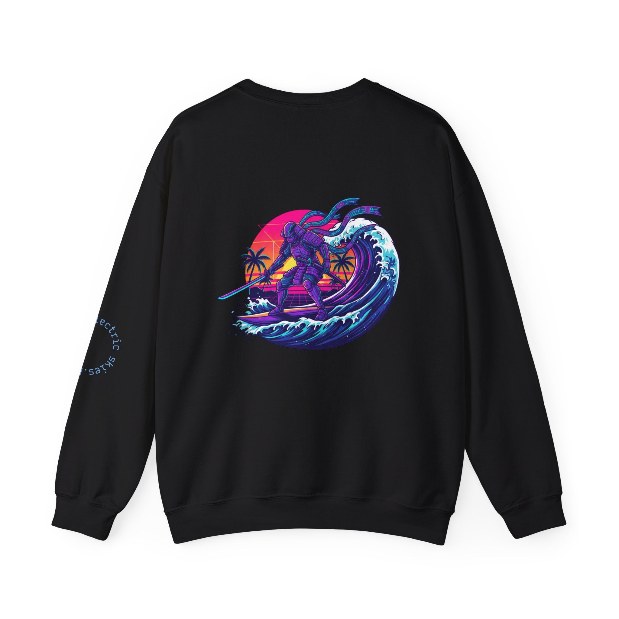 Surf Samurai Crewneck Sweatshirt — Retro Neon Sunset Wave Design