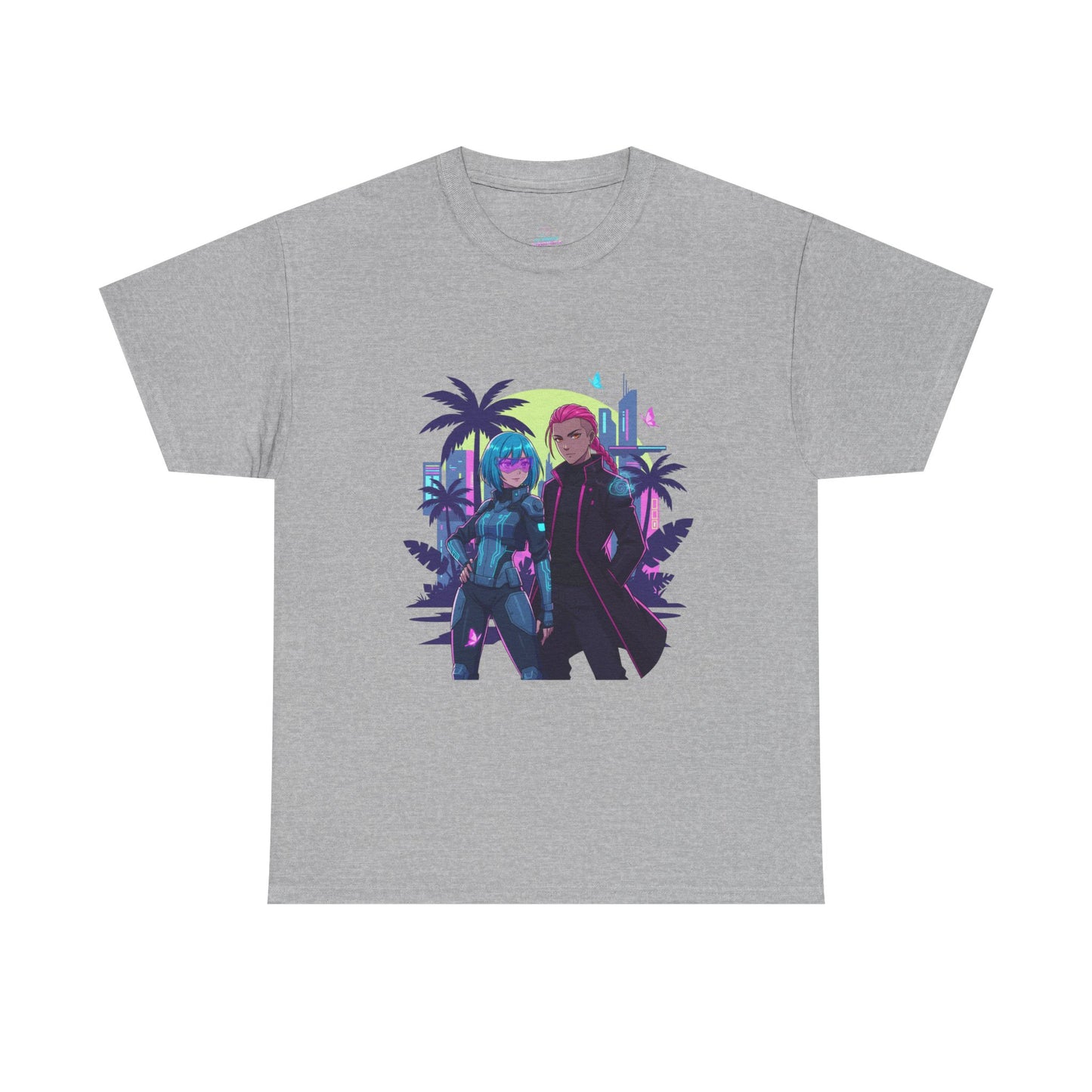 Cyberpunk Tropical Duo Tee — Neon Futuristic Beach Graphic T-Shirt