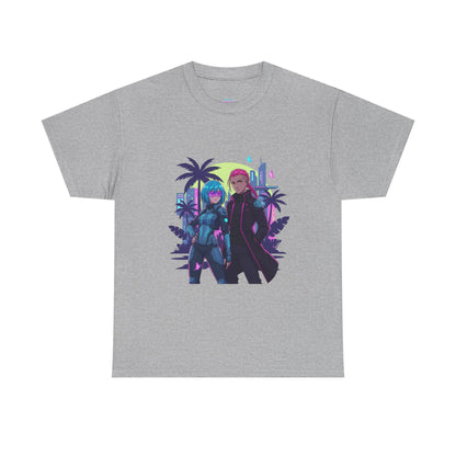 Cyberpunk Tropical Duo Tee — Neon Futuristic Beach Graphic T-Shirt