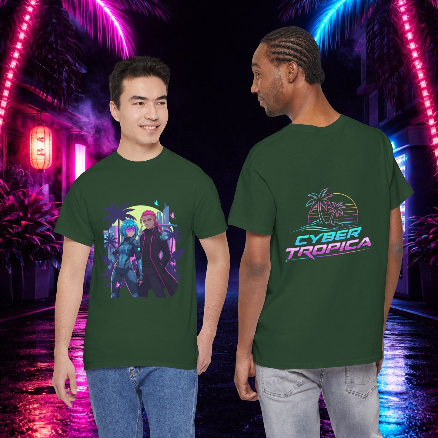 Cyberpunk Tropical Duo Tee — Neon Futuristic Beach Graphic T-Shirt