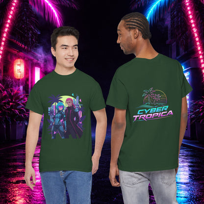 Cyberpunk Tropical Duo Tee — Neon Futuristic Beach Graphic T-Shirt