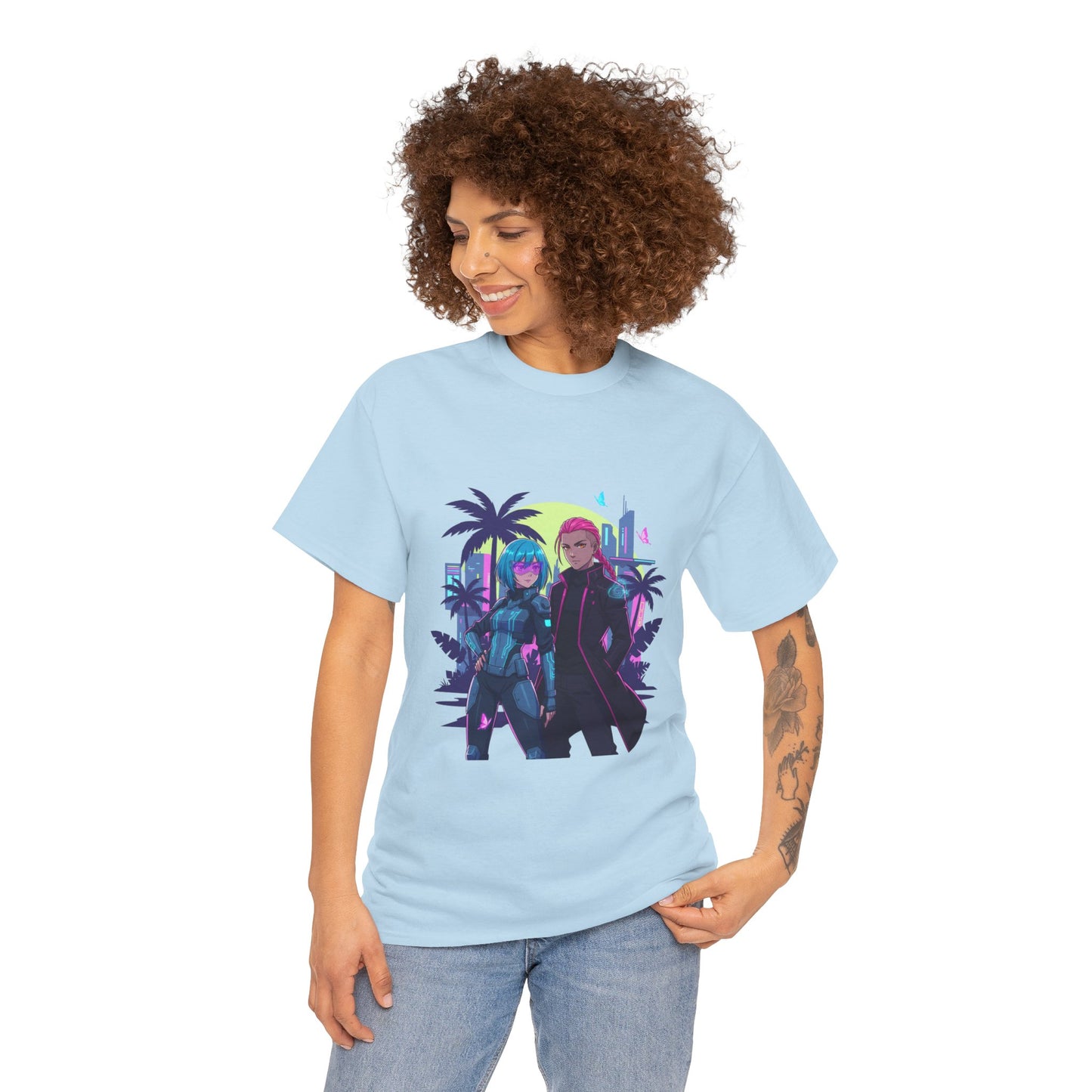 Cyberpunk Tropical Duo Tee — Neon Futuristic Beach Graphic T-Shirt
