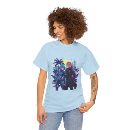 Cyberpunk Tropical Duo Tee — Neon Futuristic Beach Graphic T-Shirt