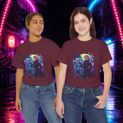 Cyberpunk Tropical Duo Tee — Neon Futuristic Beach Graphic T-Shirt