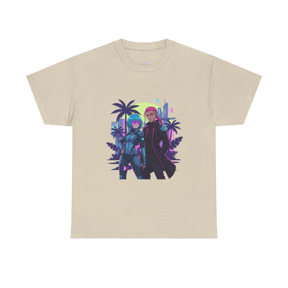 Cyberpunk Tropical Duo Tee — Neon Futuristic Beach Graphic T-Shirt