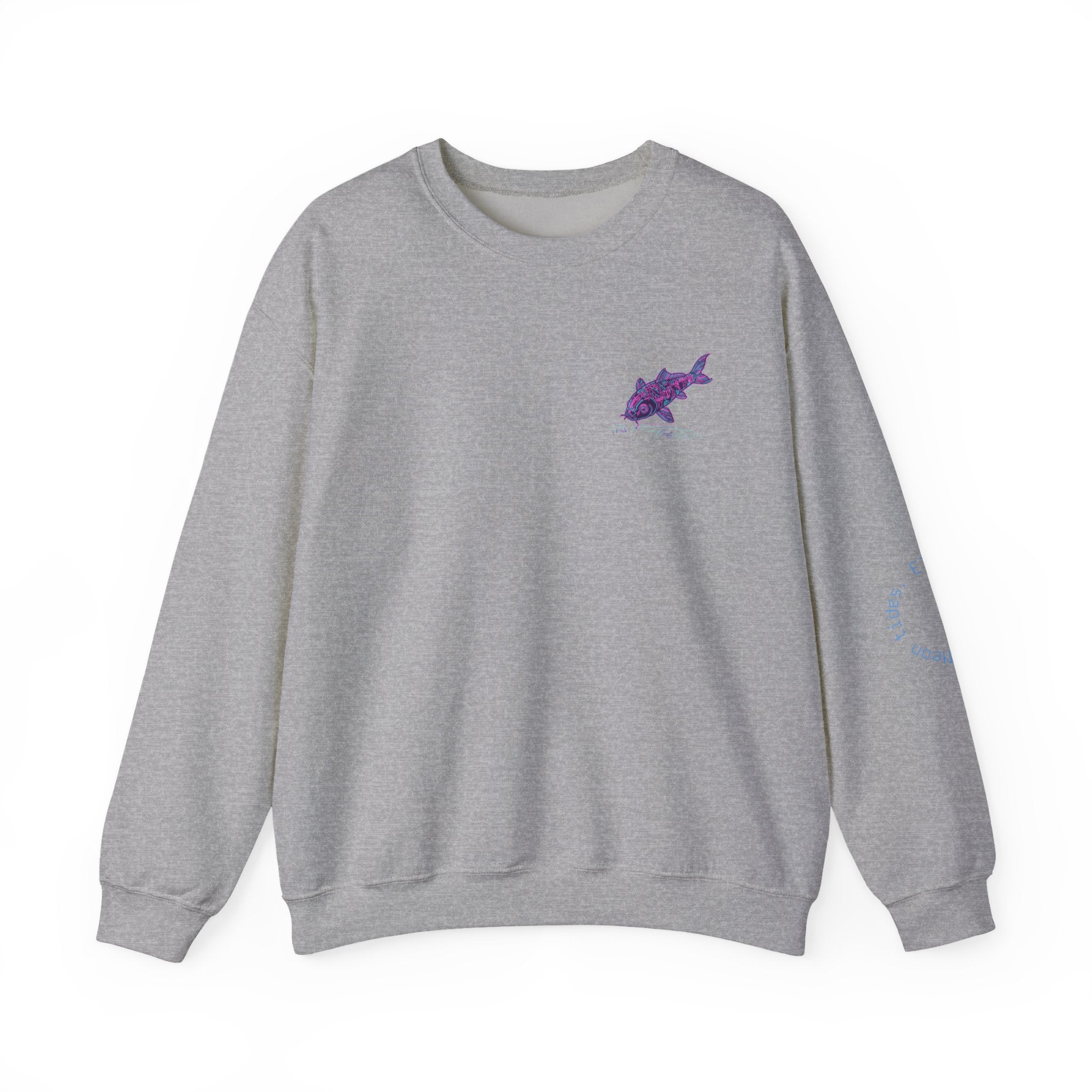 Crewneck Sweatshirt — Pastel Japanese Text Repeat & Purple Fish Graphic