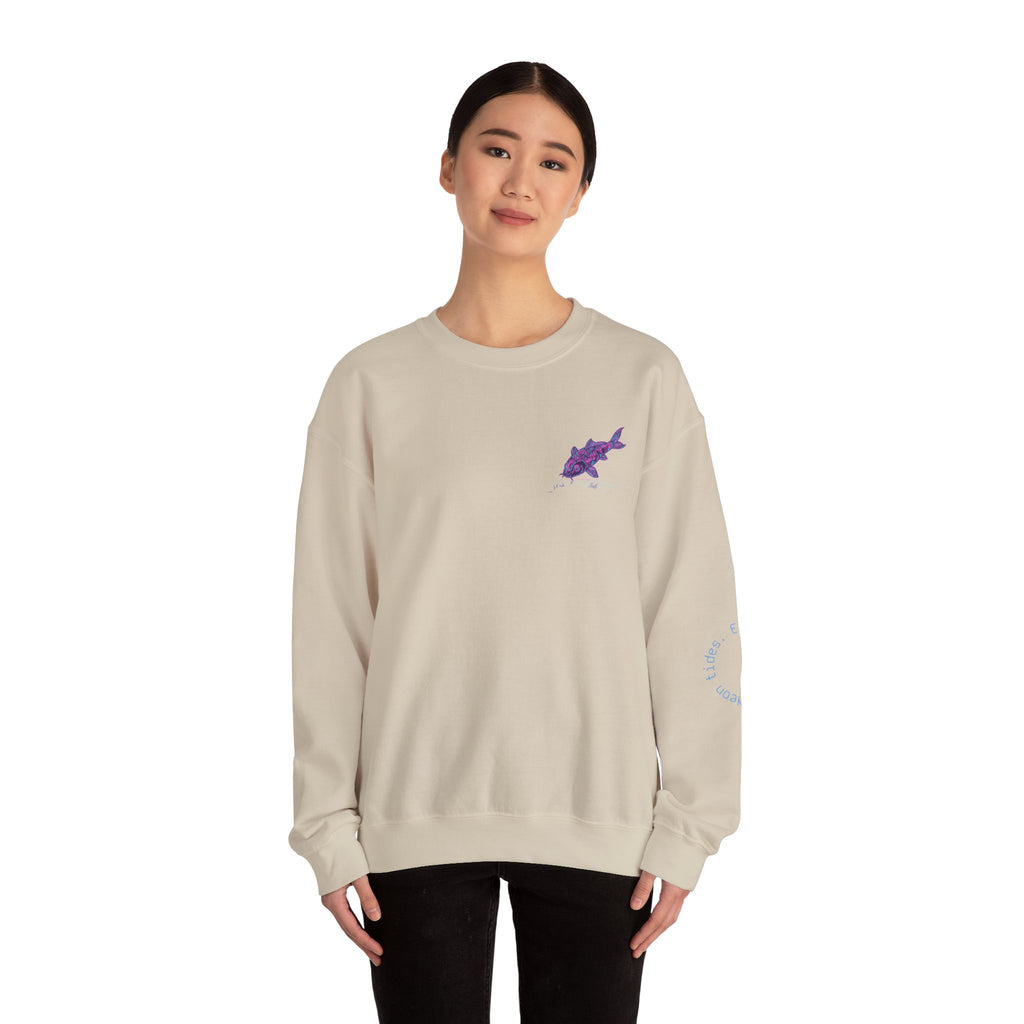 Crewneck Sweatshirt — Pastel Japanese Text Repeat & Purple Fish Graphic