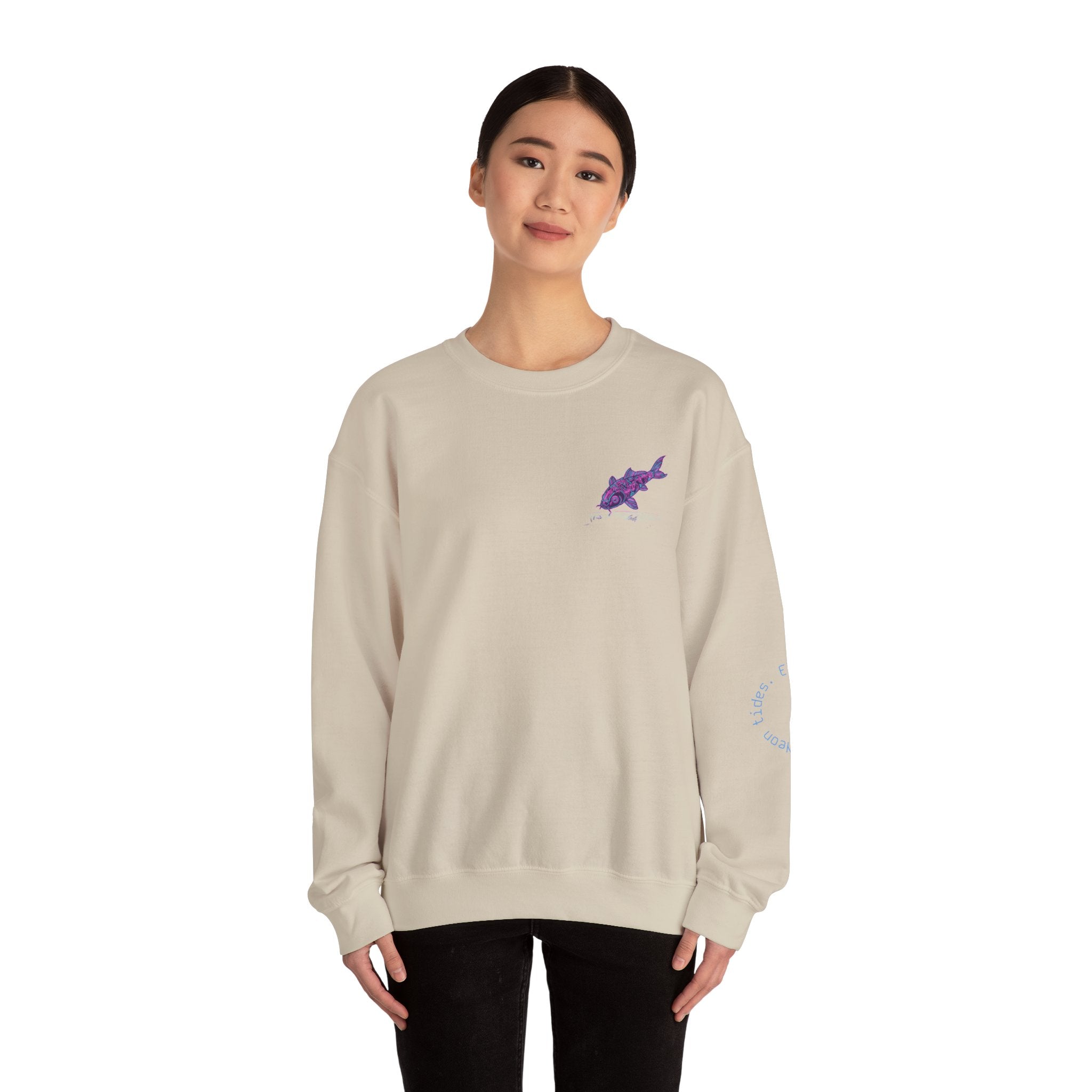 Crewneck Sweatshirt — Pastel Japanese Text Repeat & Purple Fish Graphic