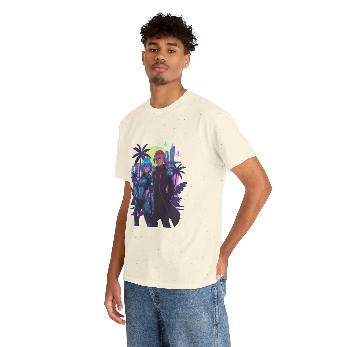 Cyberpunk Tropical Duo Tee — Neon Futuristic Beach Graphic T-Shirt