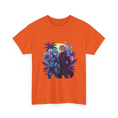 Cyberpunk Tropical Duo Tee — Neon Futuristic Beach Graphic T-Shirt