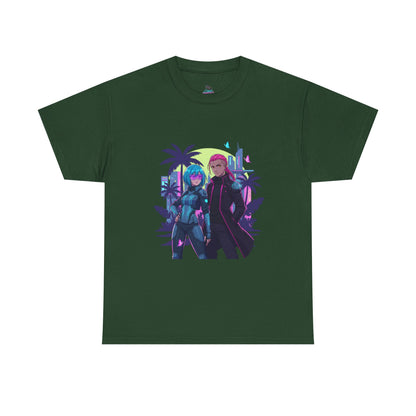Cyberpunk Tropical Duo Tee — Neon Futuristic Beach Graphic T-Shirt