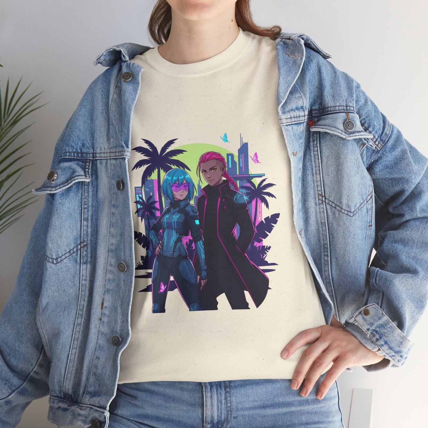 Cyberpunk Tropical Duo Tee — Neon Futuristic Beach Graphic T-Shirt