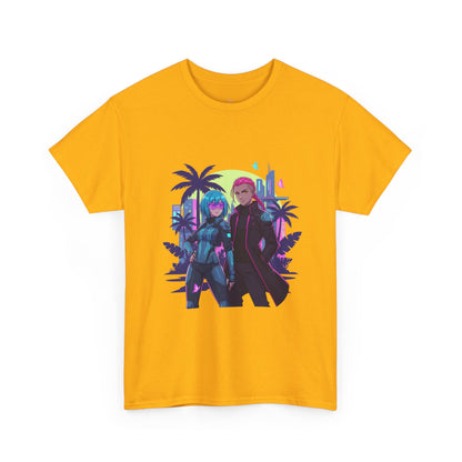 Cyberpunk Tropical Duo Tee — Neon Futuristic Beach Graphic T-Shirt