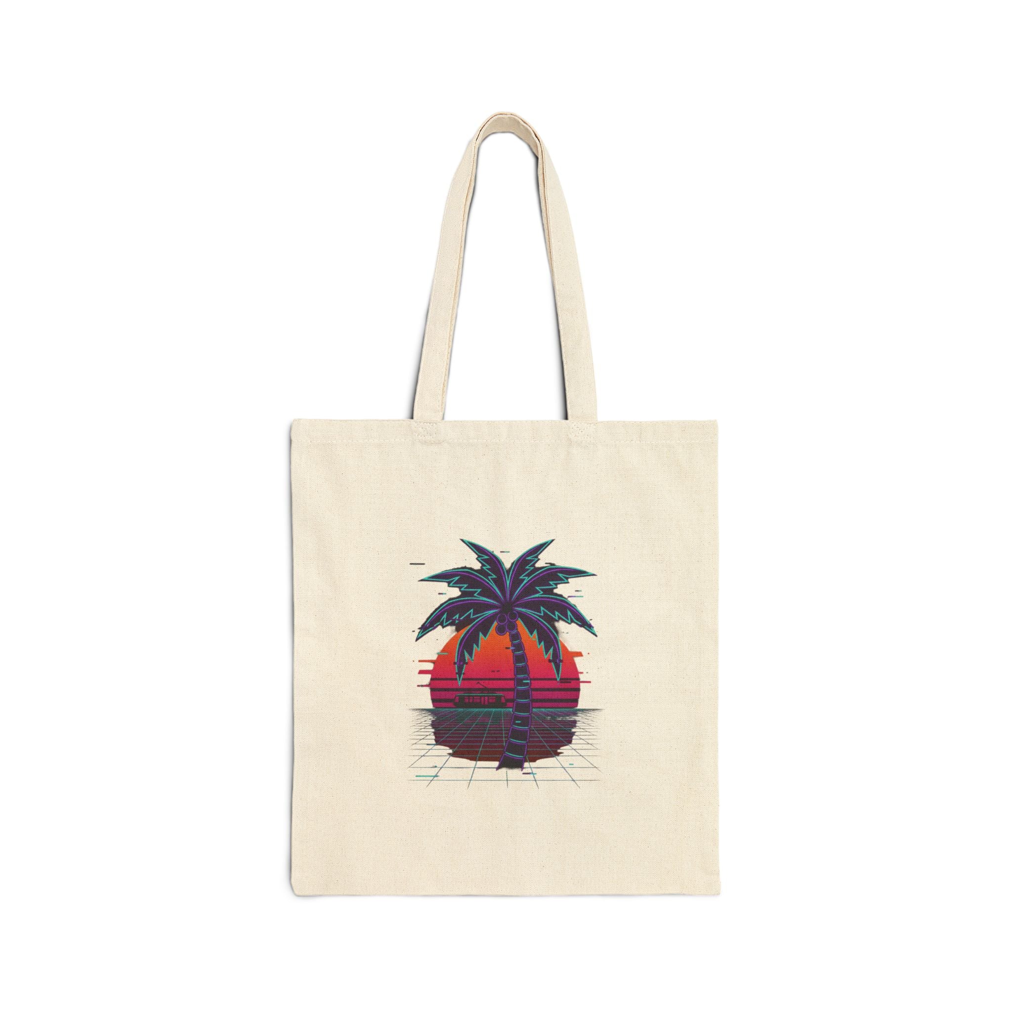 Tote Bag — Retro Neon Palm Sunset Canvas Tote ("neon tides. Electric skies.")