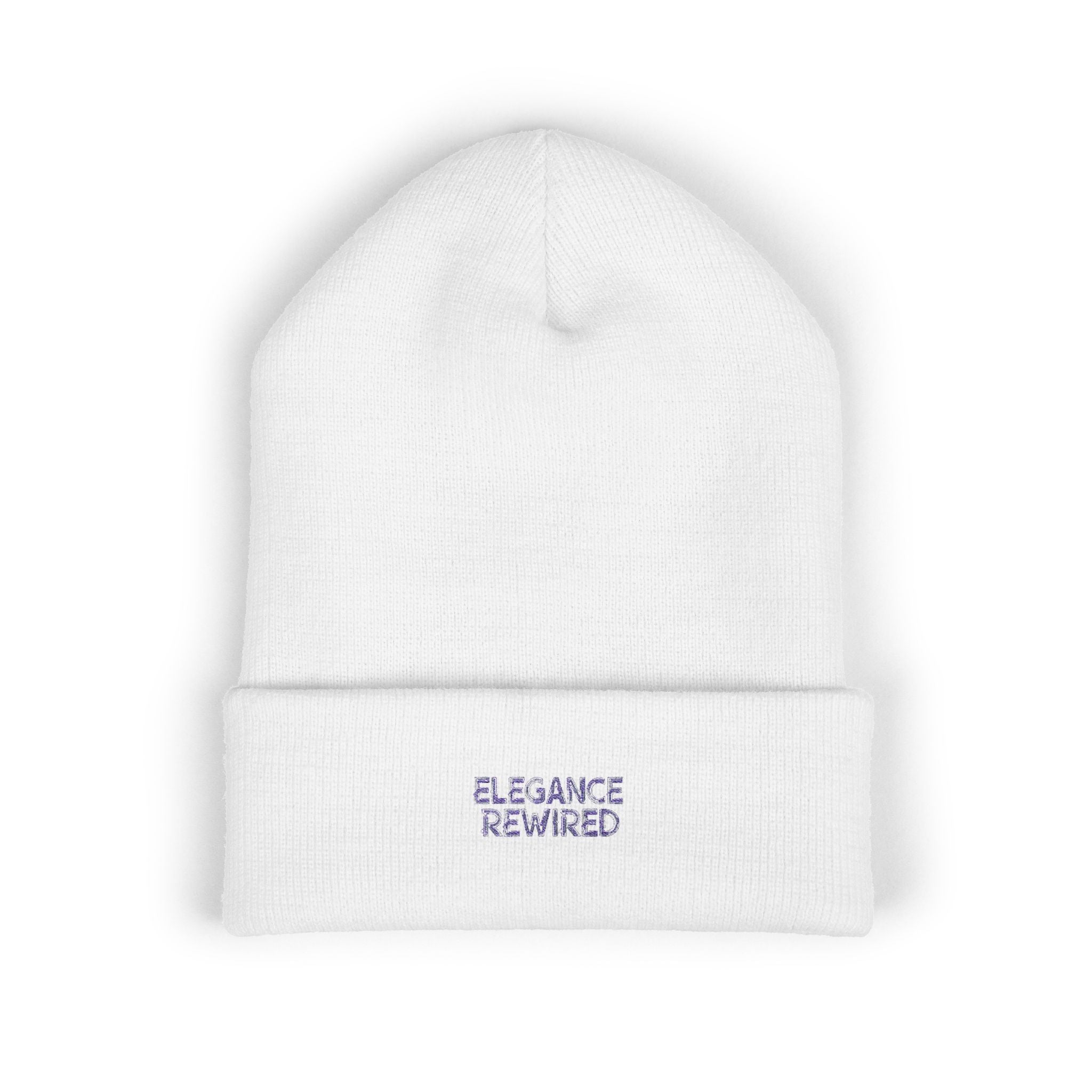 Embroidered 'Elegance Rewired' Cuffed Beanie — Minimal White Knit Winter Hat