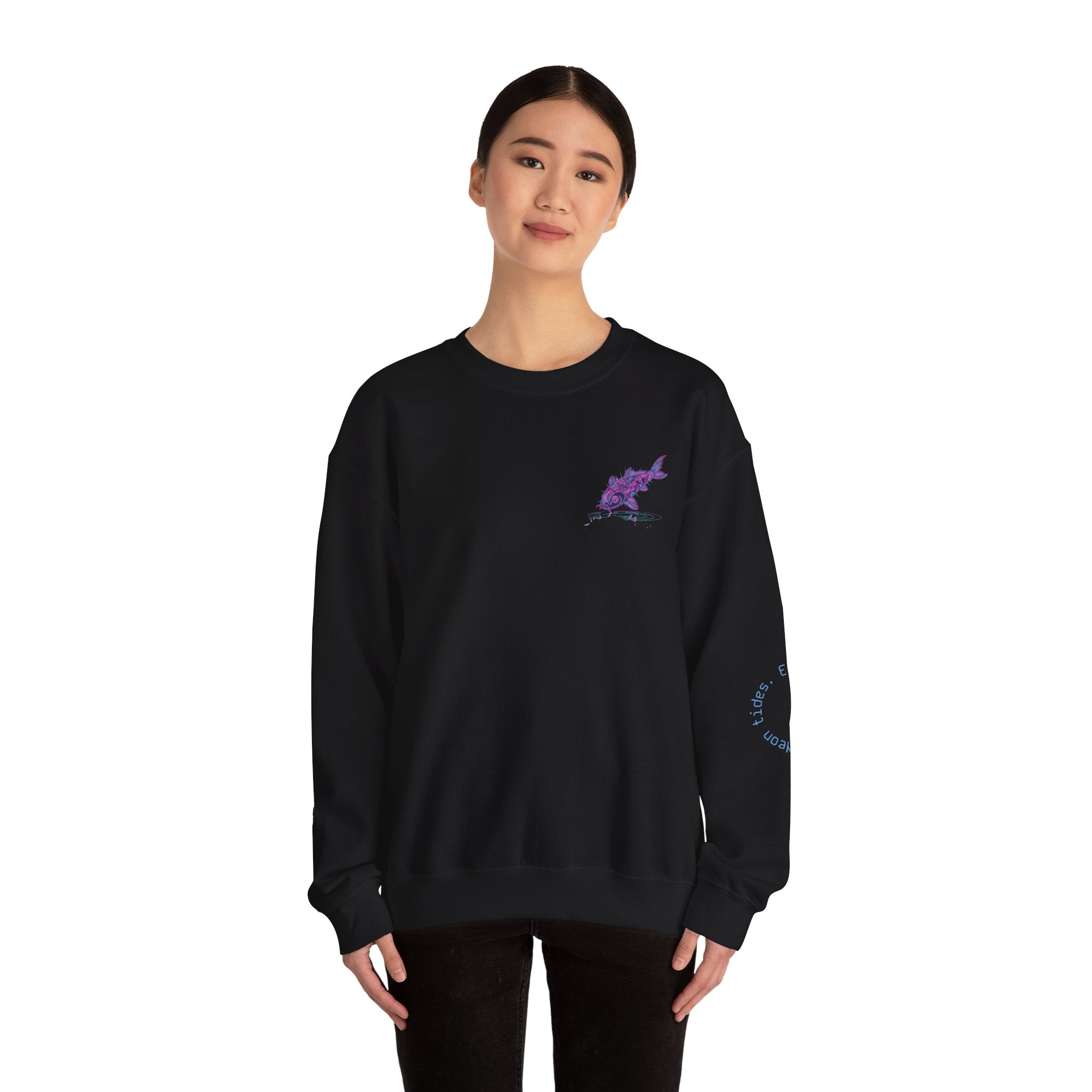 Crewneck Sweatshirt — Pastel Japanese Text Repeat & Purple Fish Graphic