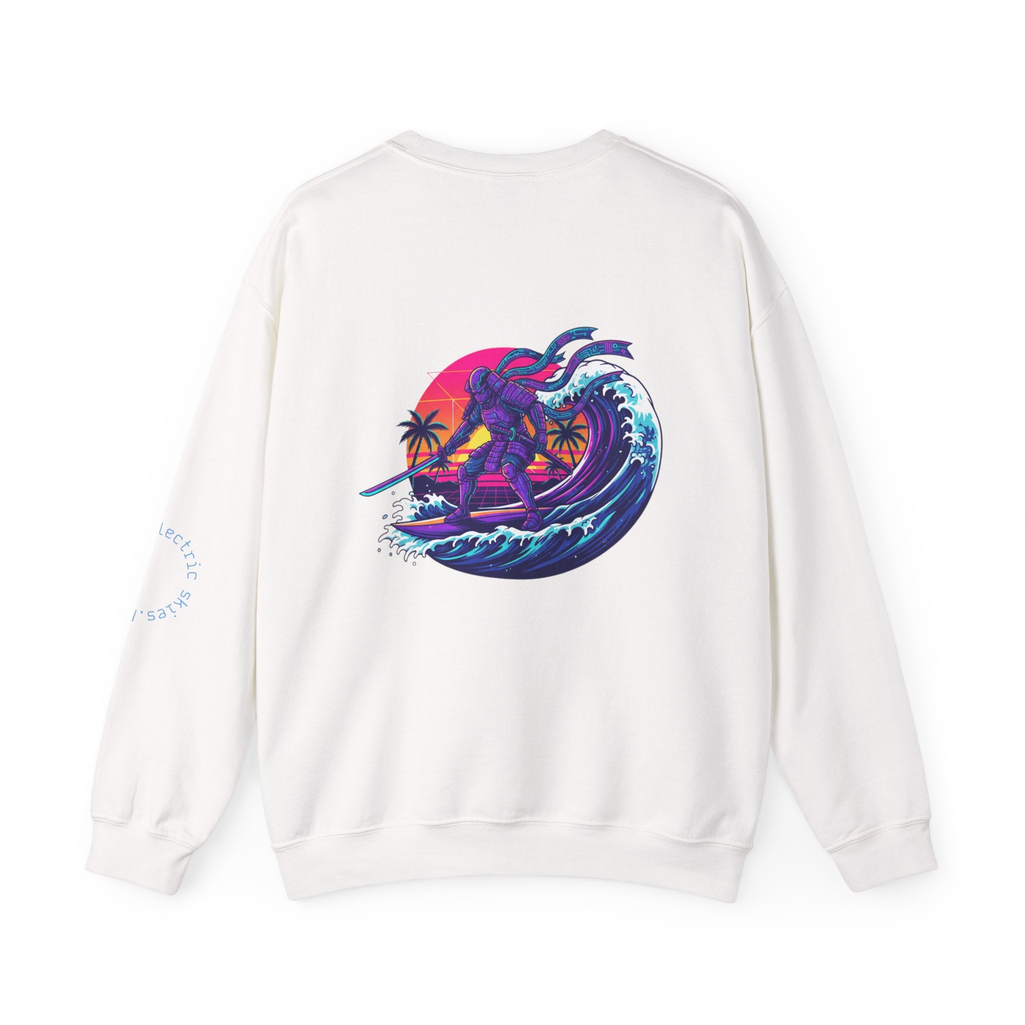 Surf Samurai Crewneck Sweatshirt — Retro Neon Sunset Wave Design