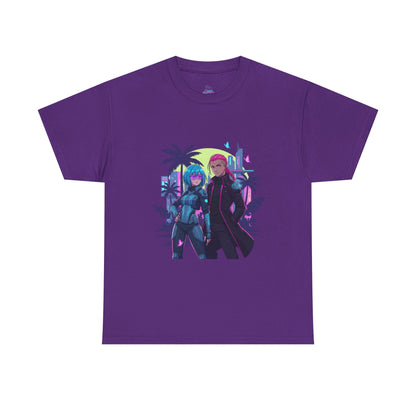 Cyberpunk Tropical Duo Tee — Neon Futuristic Beach Graphic T-Shirt