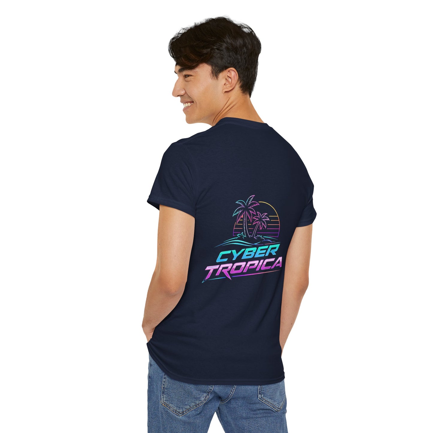 Cyberpunk Tropical Duo Tee — Neon Futuristic Beach Graphic T-Shirt
