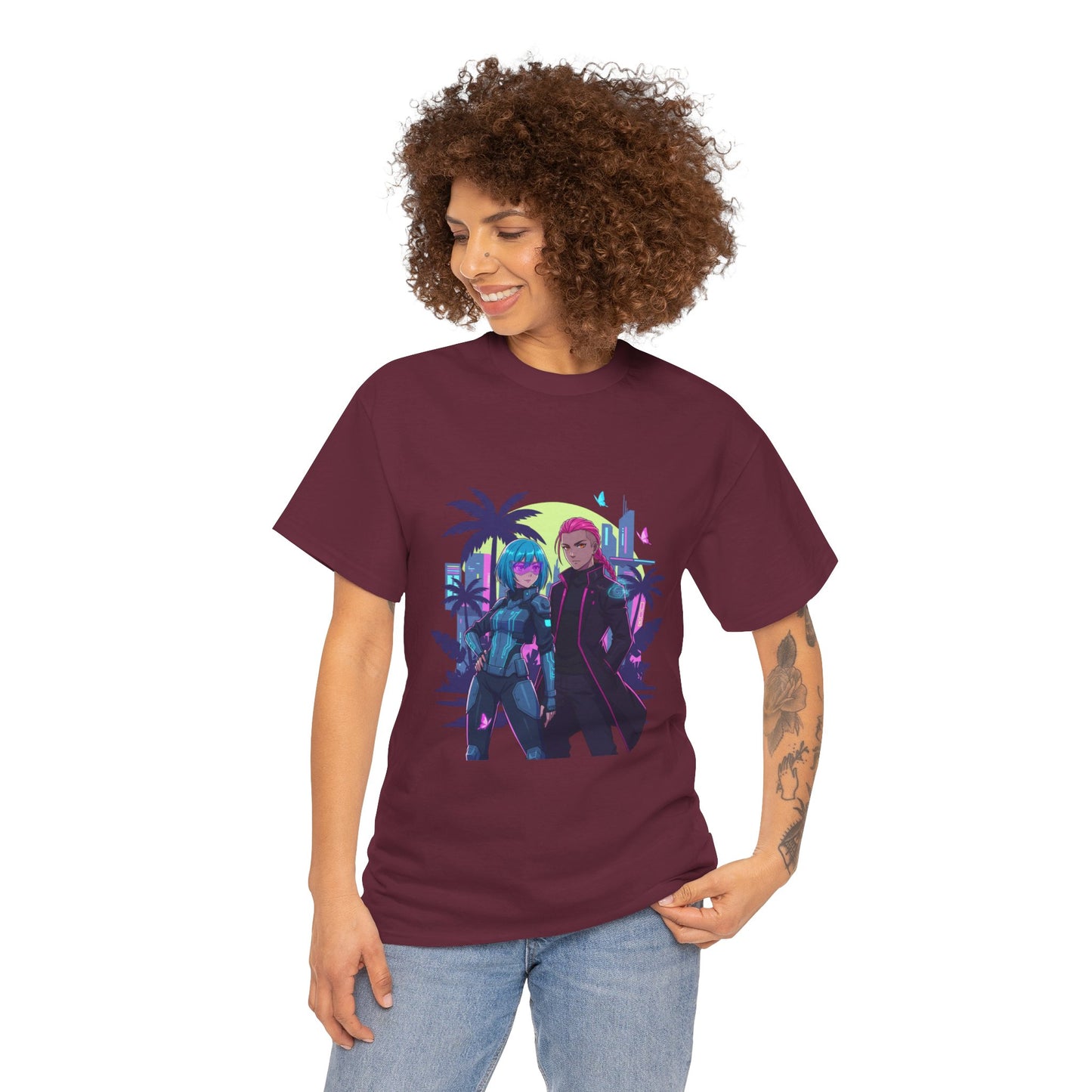 Cyberpunk Tropical Duo Tee — Neon Futuristic Beach Graphic T-Shirt