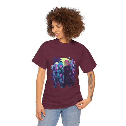Cyberpunk Tropical Duo Tee — Neon Futuristic Beach Graphic T-Shirt