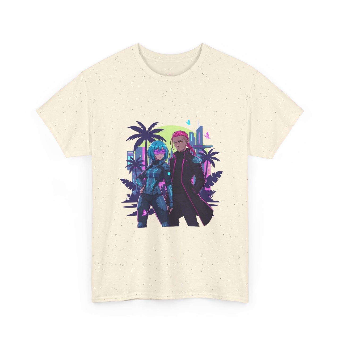 Cyberpunk Tropical Duo Tee — Neon Futuristic Beach Graphic T-Shirt