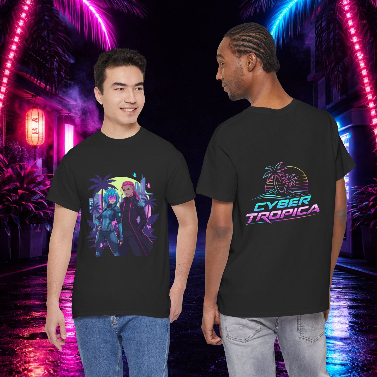 Cyberpunk Tropical Duo Tee — Neon Futuristic Beach Graphic T-Shirt