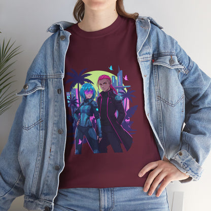 Cyberpunk Tropical Duo Tee — Neon Futuristic Beach Graphic T-Shirt