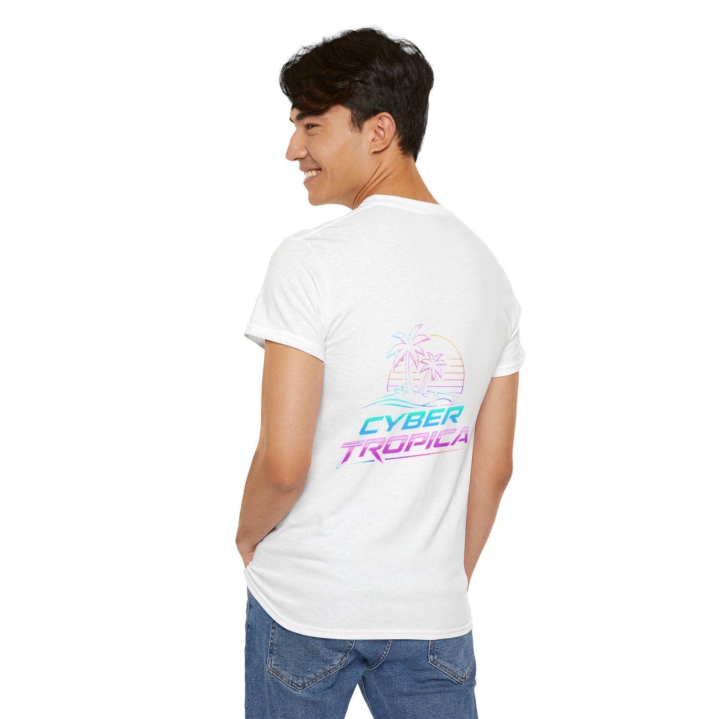 Cyberpunk Tropical Duo Tee — Neon Futuristic Beach Graphic T-Shirt