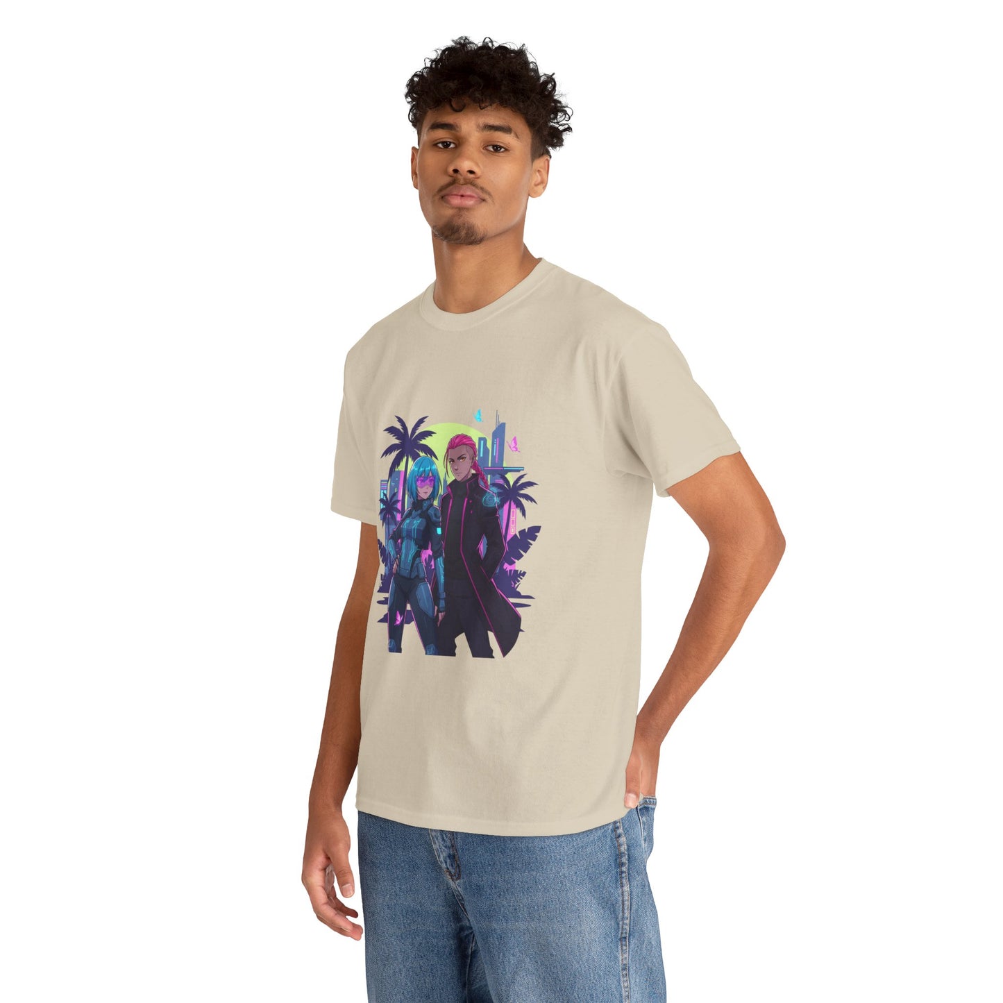 Cyberpunk Tropical Duo Tee — Neon Futuristic Beach Graphic T-Shirt