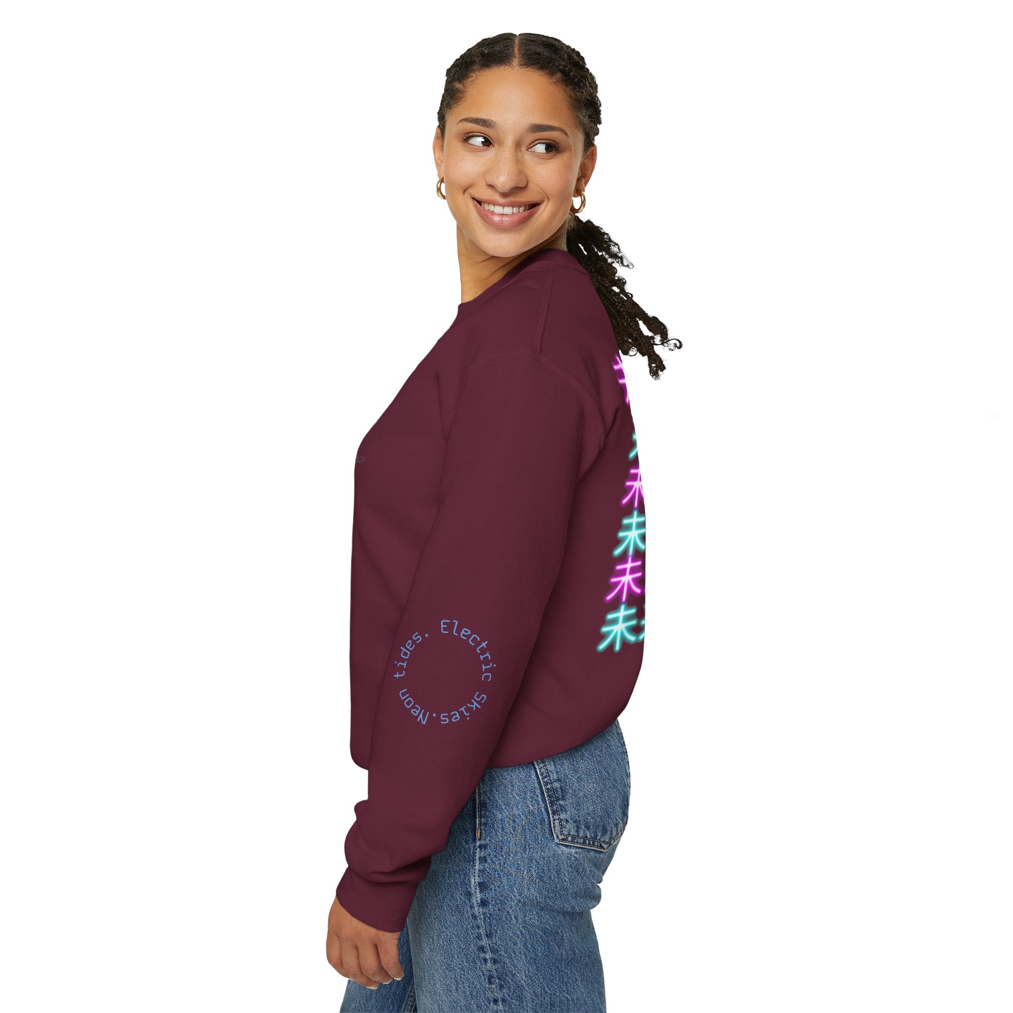 Crewneck Sweatshirt — Pastel Japanese Text Repeat & Purple Fish Graphic