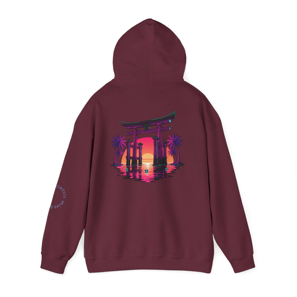 Sunset Torii Hoodie — Japanese Torii Gate Beach Sunset Graphic Hoodie