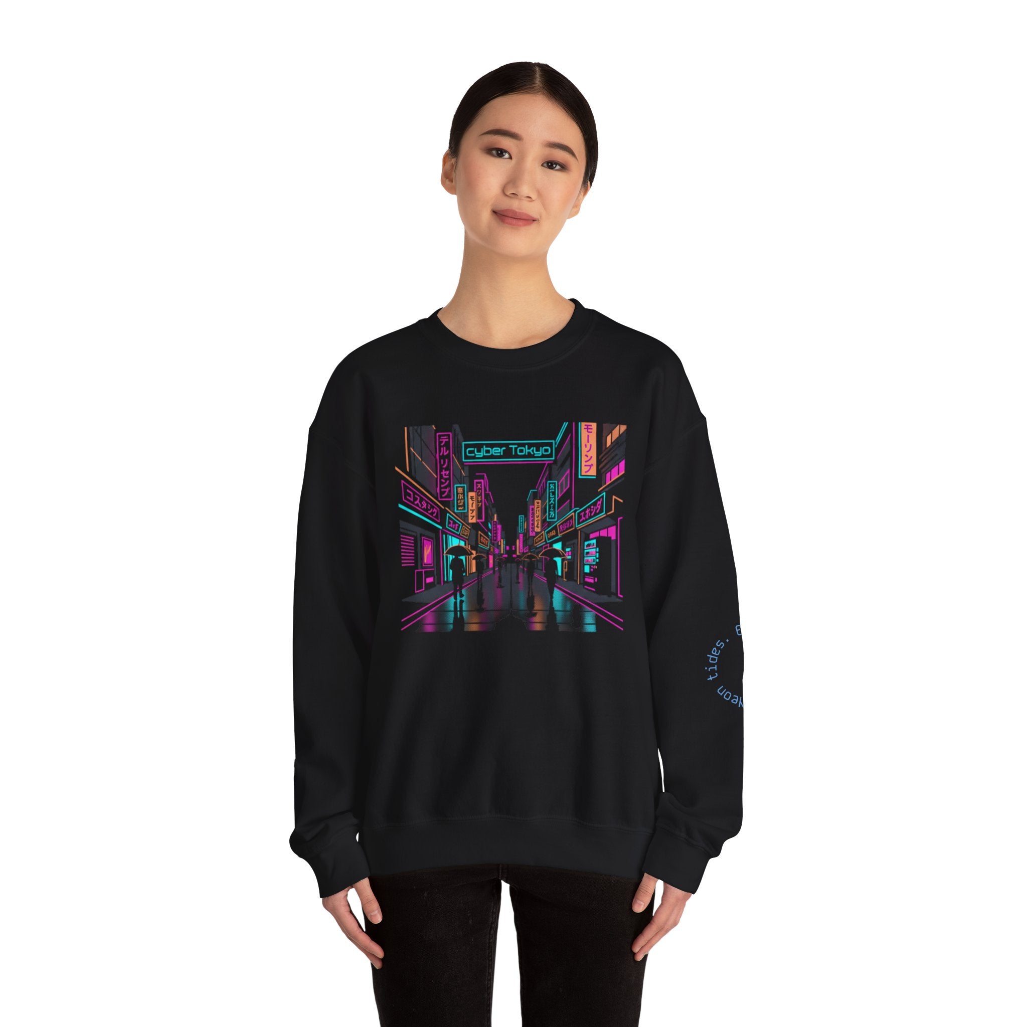 Retro Neon City Crewneck Sweatshirt — Vaporwave Street Scene Design