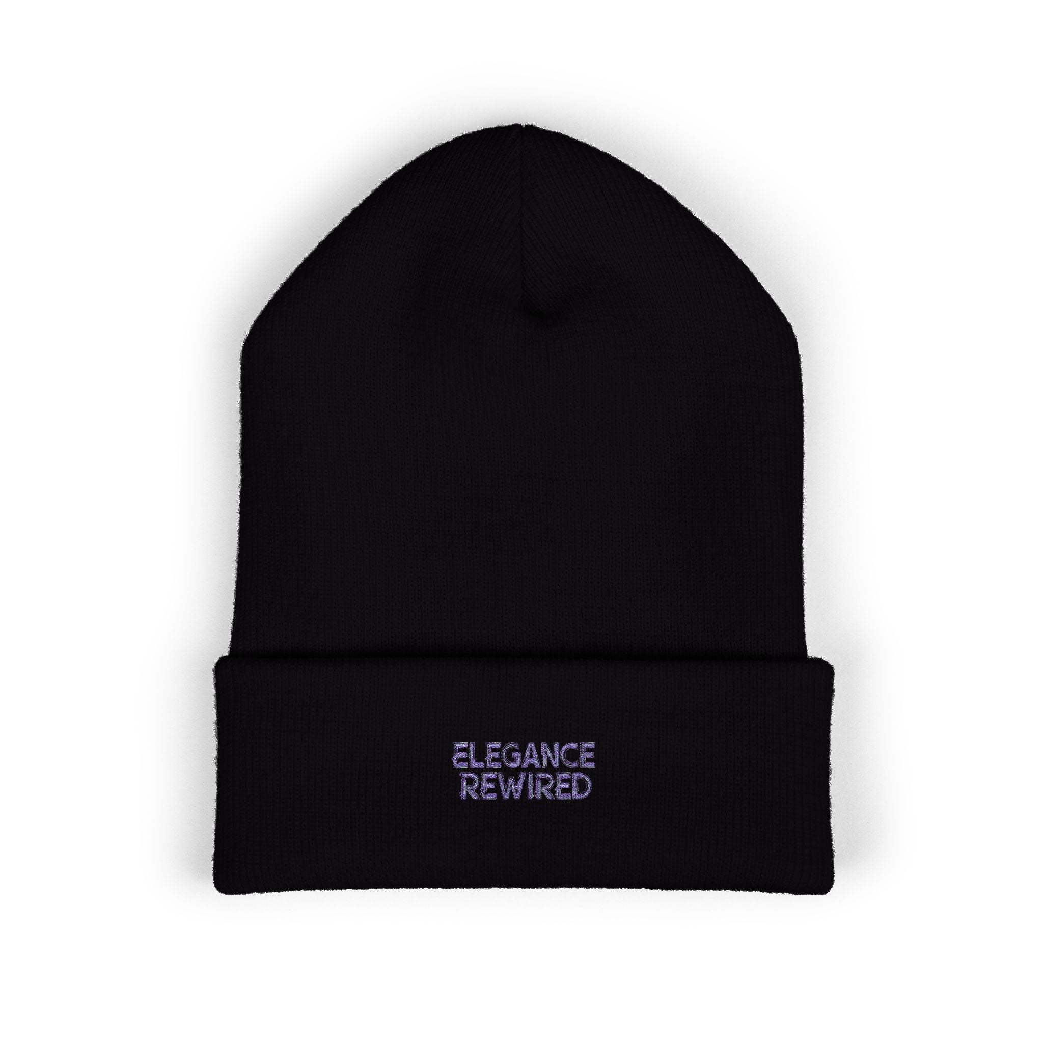 Embroidered 'Elegance Rewired' Cuffed Beanie — Minimal White Knit Winter Hat