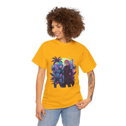 Cyberpunk Tropical Duo Tee — Neon Futuristic Beach Graphic T-Shirt