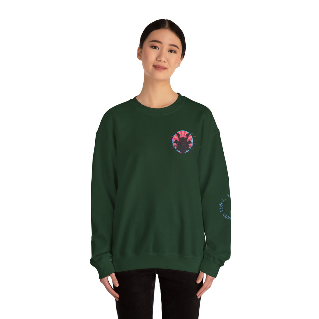 Surf Samurai Crewneck Sweatshirt — Retro Neon Sunset Wave Design